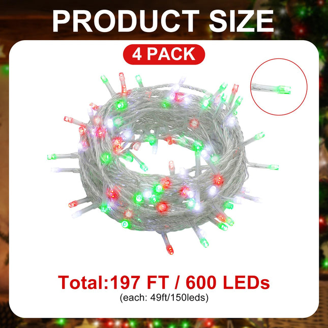4 Pcs 49 ft Red White Green Christmas String Lights 150 Led Battery Operated Christmas Fairy Lights Timer 8 Modes Waterproof Christmas Outdoor Decoration Lights for Xmas Tree Indoor House