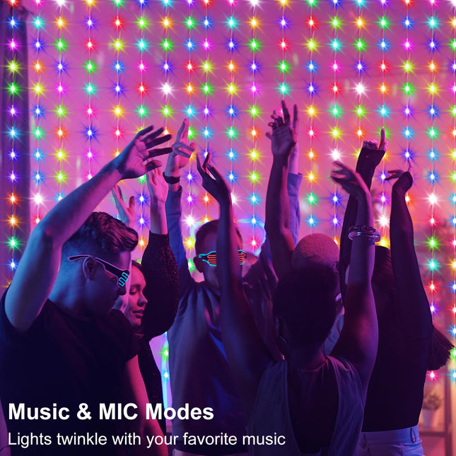 Smart Curtain Lights RGB 5050 Built in Chip, Color Changing Curtain Lights with Music Sync APP Remote Control, 8Ft x 6Ft 144LED USB Curtain Fairy String Lights for Party Patio Garden Decor