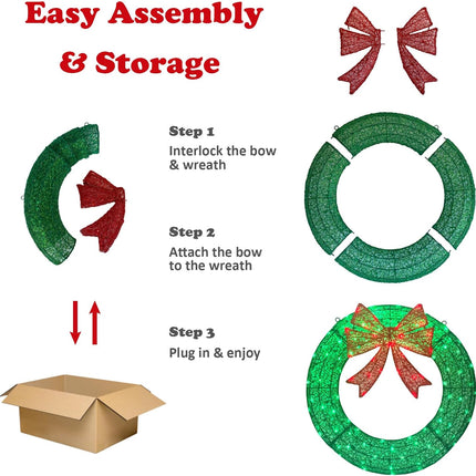 Lighted Christmas Wreath Outdoor Decorations, 24in Small Christmas Wreath 110 Lights with 8 Flashing Effects, Prelit Wreath Plug-in and Battery Operated with Timer for Door, Window, Garage-Green