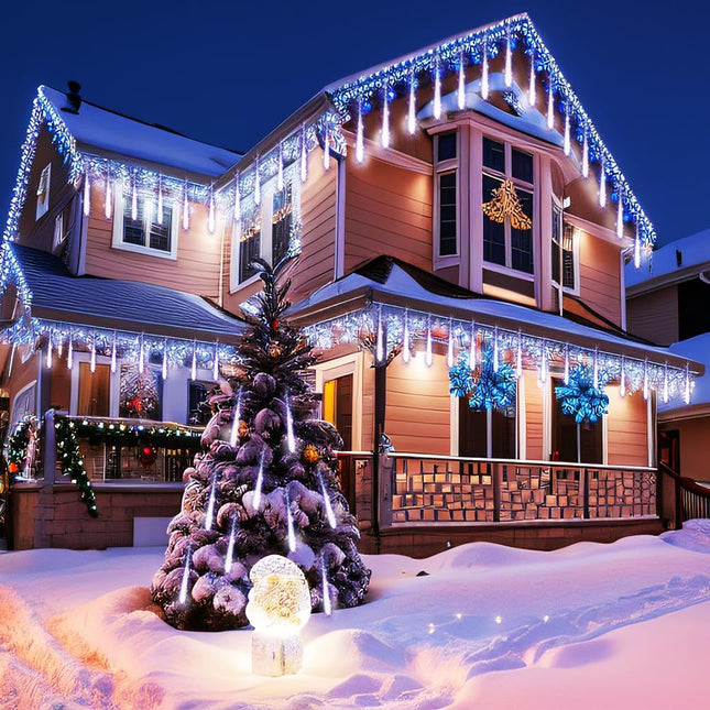 Kwaiffeo Solar Christmas Lights Outdoor, 16 Tubes(Equivalent to 2 Sets of 8-Tube) Solar Powered Meteor Shower Lights Snow Falling Icicle Lights for Xmas Tree Halloween Decoration Wedding Party, White