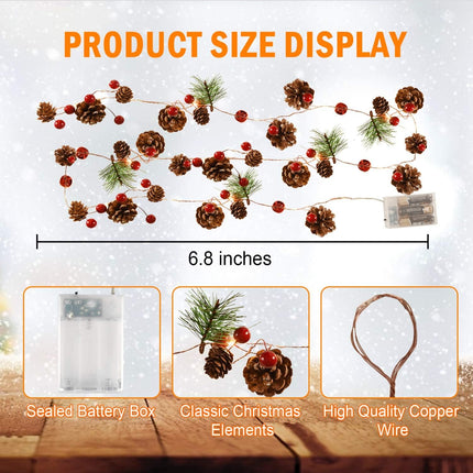 Rocinha Christmas Garland with Lights Battery Operated 7.2 Ft 20 Pinecones Red Berry Garland with Lights Prelit Garland for Mantle Fireplace Table Indoor Outdoor Lighted Garland Decor
