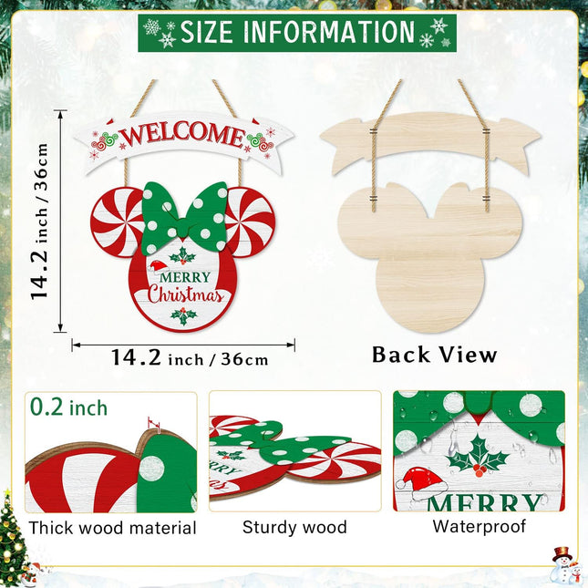 CIOEY Christmas Door Decor Mouse Welcome Door Sign, 2 Panels Wood Hanging Sign, Merry Christmas Decorations for Home Wall Christmas Party Supplies, Peppermint Decorative Home Porch Plaques