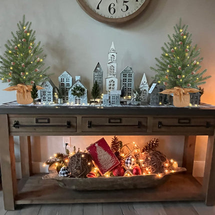 2 Ft prelit Tabletop Mini Christmas Tree with 50 LED,Small Frosted Lighted Artificial Pine Tree with Burlap Base,Pinecone Decoration,2 FT Miniature Farmhouse Xmas Tree Decor for Farmhouse Door