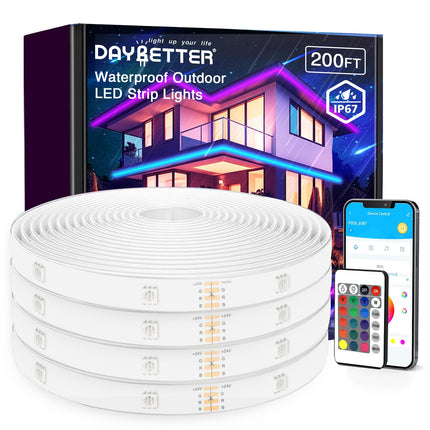 DAYBETTER 200 ft Outdoor LED Strip Lights Waterproof,IP67 Waterproof LED Light Strips with Remote,App Control Music Sync RGB Exterior LED Rope Lights,LED Lights for Bedroom,Roof,Pool,Deck,Balcony