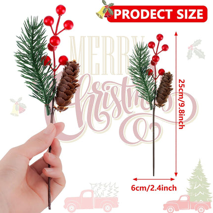 MTLEE 12 Pieces 9.8 Inch Artificial Christmas Tree Picks Berry Pine Branches Christmas Floral Picks Pine Cone and Leaves Stems for Christmas Tree Wreath Garland Decor