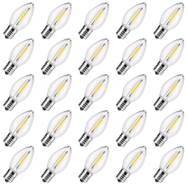 Brightown 25 Pack C7 LED Christmas Light Bulbs, Clear Plastic Night Lights C7 LED Replacement Bulbs for Christmas String Lights, E12 Candelabra Base, Commercial Dimmable Holiday Bulbs, Warm White