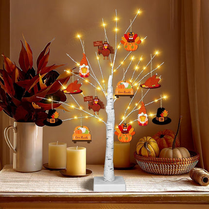 [Timer] Thanksgiving Birch Tree Lights, 24" Lighted Birch Tree with 24 PCS Fall & Thanksgiving Hanging Ornaments, Battery Operated BirchTree Fall Thanksgiving Decorations Indoor Table Bedroom Home
