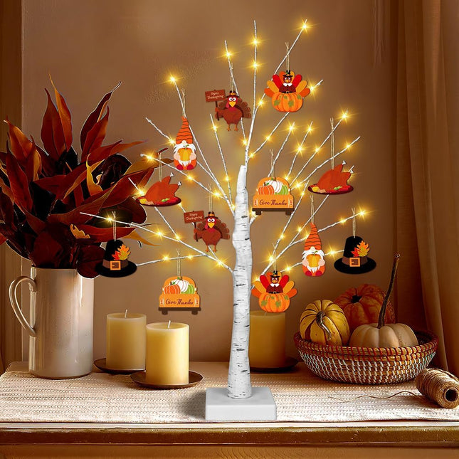 [Timer] Thanksgiving Birch Tree Lights, 24" Lighted Birch Tree with 24 PCS Fall & Thanksgiving Hanging Ornaments, Battery Operated BirchTree Fall Thanksgiving Decorations Indoor Table Bedroom Home