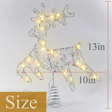 Christmas Tree Topper Lighted, 10" Christmas Reindeer Tree Topper with Warm Lights, Battery Operated Xmas Tree Topper with Timing Battery Case, White Christmas Deer Winter Decorations