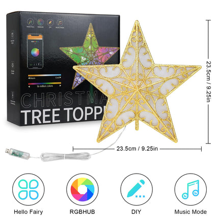 Christmas Star Tree Topper, RGB 9In Glittered Star Tree Topper Light with 10 LED Lights, Hollow Designed with USB Plug for Indoor Year Holiday Tree Decoration