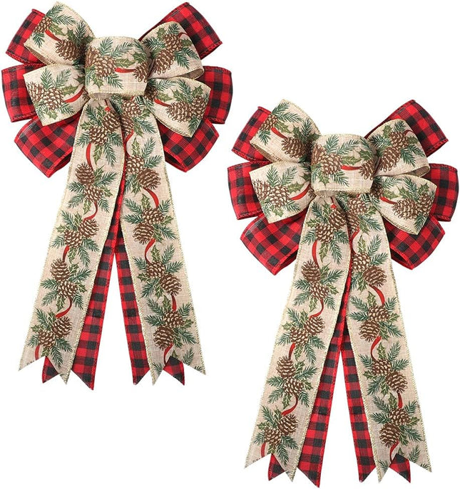 Christmas Wreath Bows - 2 Pack Large Red Black Plaid Burlap Wired Bow for Christmas Wreath, Christmas Party Xmas Tree Ornaments, Presents, Stair, Door, Indoor Outdoor Wall Decorations WG29