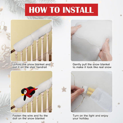 Lighted Christmas Stairs Decorations Railing Banister Set Christmas Garland for Stairs Sliding Stuffed Penguin Santa Snowman Banister on Snow Handrail for Staircase Decoration Holiday Snow Surfing Set