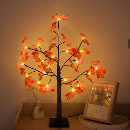 2FT 25LED Artificial Lighted Maple Tree,Timer Function Prelit Fall Decor Maple Tree with Warm White Light Lamp Battery Operated and USB for Indoor Outdoor Harvest Halloween Thanksgiving Day