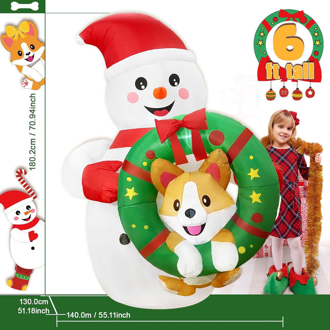 6FT Christmas Inflatable Outdoor Decorations, Christmas Blow Ups Snowman Decor with Corgi on The Wreath, Christmas Yard Decorations Outdoor with LED for Outside Indoor Holiday Party Lawn