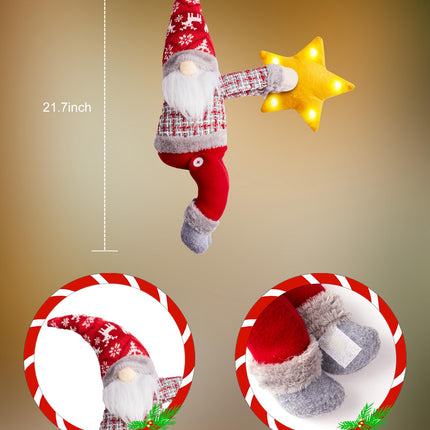Christmas Tree Topper Gnome Decorations with Lights, 21.7 Inches Handmade Embrace Christmas Tree Gnome with Lighted Star, Christmas Home Decor Curtain Tie Wine Bottle Decoration