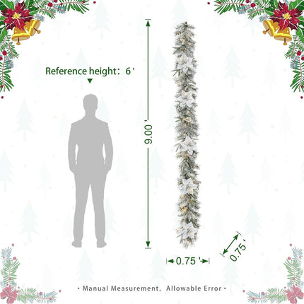 Glitzhome 9ft Pre-Lit Snow Flocked Greenery Pine Poinsettia Christmas Garland, with 50 Warm White Lights with Timer