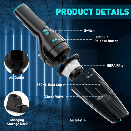 Car Vacuum Cleaner, Handheld Vacuum Cordless Rechargeable 9500Pa With Charging Dock, Portable Hand Vacuum For Pet Hair Car And Home Cleaning