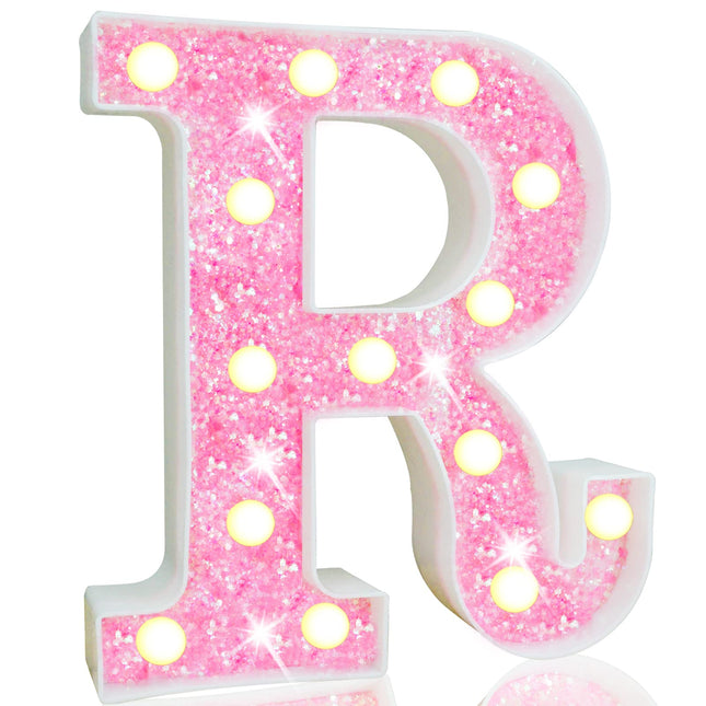 Pooqla LED Marquee Letter Lights, Light Up Pink Letters Glitter Alphabet Letter Sign Battery Powered for Night Light Birthday Party Wedding Girls s Home Bar Christmas Decoration, Pink Letter R