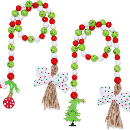 Whaline 2Pcs Christmas Wooden Bead Garlands Red Green Cartoon Character Rustic Wood Bead Garland with Rope Tassel Xmas Hanging Decor for Farmhouse Tiered Tray Home Decor Christmas Party Suppliers