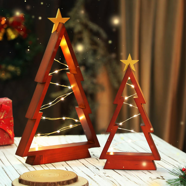 Christmas Table Decorations Wooden Lighted Christmas Trees Rustic Christmas Ornaments Table Centerpieces Xmas Decorations Indoor Fireplace Window Decor Set of 2