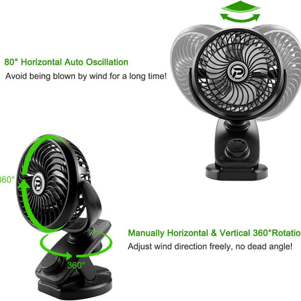 F170 Clip On Fan Auto Rotation Personal Fan 5000 Mah Battery Operated Fan, Usb Desk Fan Stepless Speeds Control, Powerful Airflow
