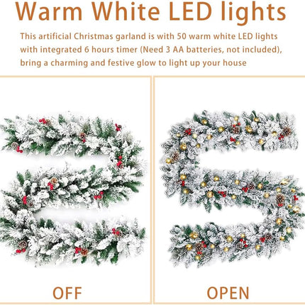 Christmas Garland with Lights,Prelit Xmas Garlands with Timer, 9ft Lighted Xmas Garland Snow for Mantle Staircase Front Door Stairs Railing Window Fireplace Winter Outdoor Home Decorations