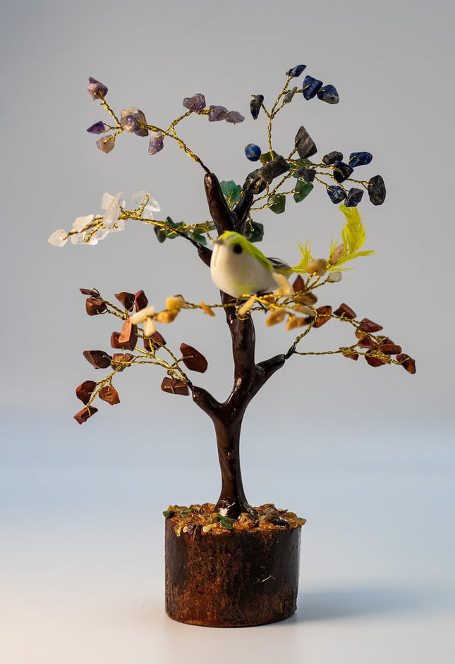 100 Leaves 7 Chakra Gemstone Chips Gemstone Tree with one Bird | Christmas Tree | Home Decor