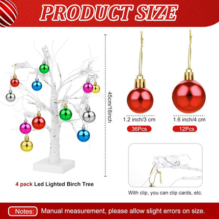 4 Pcs Christmas Artificial Birch Tree with LED Lights Battery and USB Powered Tabletop Tree Warm White with 48 Christmas Balls Ornaments for Table Bedroom Office Home Wedding, 1.5ft, 24 LED