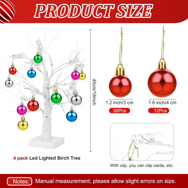 4 Pcs Christmas Artificial Birch Tree with LED Lights Battery and USB Powered Tabletop Tree Warm White with 48 Christmas Balls Ornaments for Table Bedroom Office Home Wedding, 1.5ft, 24 LED