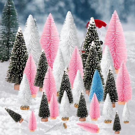 Yahpetes Artificial Mini Christmas Trees, 30 Pcs Sisal Snow Pines in 5 Sizes, Crafting Displaying Decoration, Tabletop Xmas Tree for Home, Party (Pink/White/Green)
