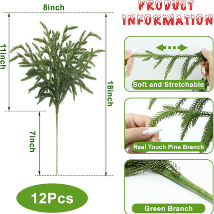 Artgar 12 Pcs Pine Branches - 18 Inch Artificial Pine Branches - Green Pine Stem - Real Touch Pine Branches - Christmas Greenery Pine Branches for DIY Flower Arrangement Home Indoor Christmas Decor