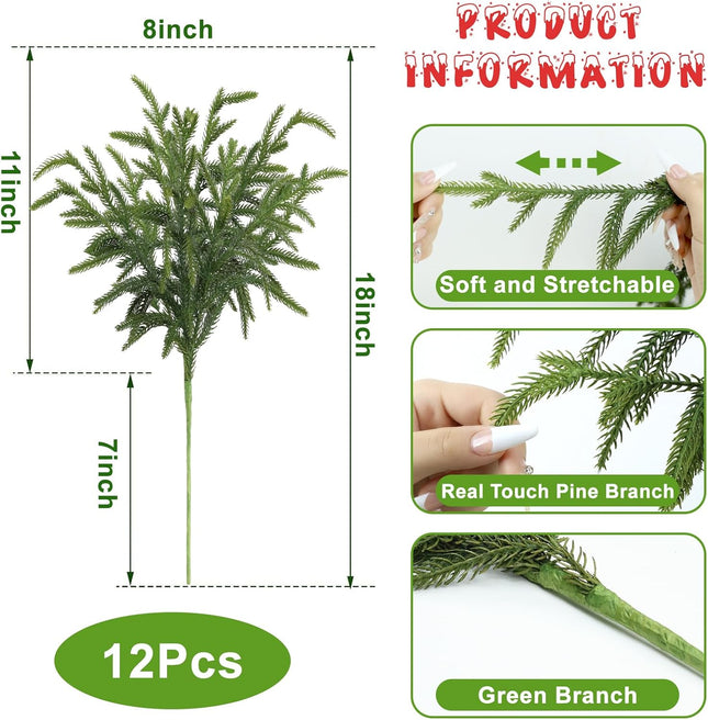 Artgar 12 Pcs Pine Branches - 18 Inch Artificial Pine Branches - Green Pine Stem - Real Touch Pine Branches - Christmas Greenery Pine Branches for DIY Flower Arrangement Home Indoor Christmas Decor