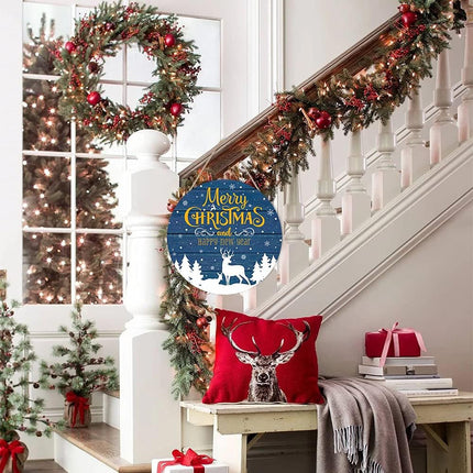 CHDITB Merry Christmas And Happy Year Wood Sign Plaque, Reindeer Snowflake Forest Wooden Wall Art Sign, Rustic Hanging Sign Decor for Living Room Farmhouse Porch Christmas Year's
