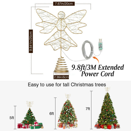 Lewondr Christmas Tree Topper Angel, USB Powered Remote Controlled 9.8 Inch Glittering Angel Christmas Tree Topper, 6H Timer Christmas Tree Angel Topper with Lights for Xmas Home Holiday Party, Gold