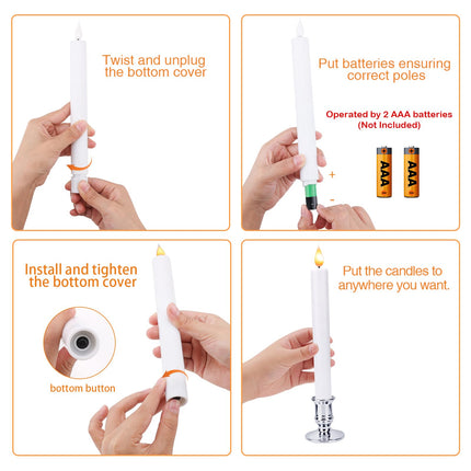 LED Flameless Window Candles with Remote Timer Sliver Base 10 PCS Battery Operated Flickering Taper Candle Lights with Removable Candle Holders Best for Xmas Wedding Home Dinner Décor