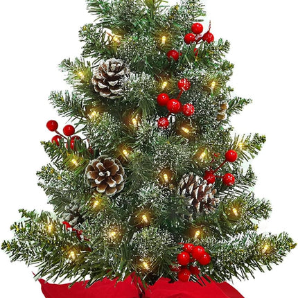 22 Inch Tabletop Christmas Tree with Lights Timer, Snowy Artificial Small Christmas Trees Battery Operated 30 Warm Lights Red Berries Pine Cone Stable Base Mini Tree Xmas Decorations Indoor Holiday