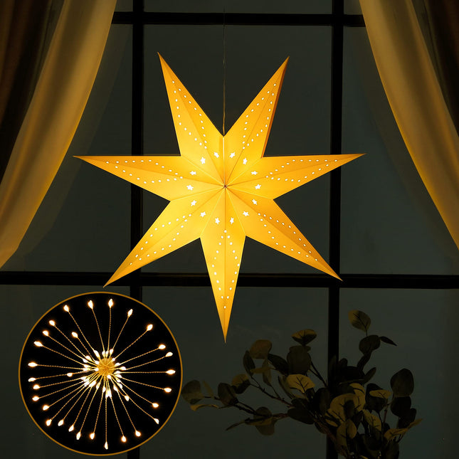 Hiboom Paper Star Lantern 24 Inch, 8 Mode 50 LEDs Firework Fairy String Lights, Light up Hollow Out Star Hanging Decoration for Indoor Outdoor Room Wedding Christmas Party (7-Point Star, 1 Set)