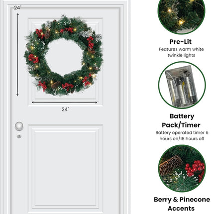 Sullivans Prelit 24" Christmas Wreath, Christmas Decor, Christmas Door Wreath with Lights, Lighted Pine Christmas Wreath, Flocked Tips Pine Red Berry Wreath with Lights, Battery Timer, Holiday Décor