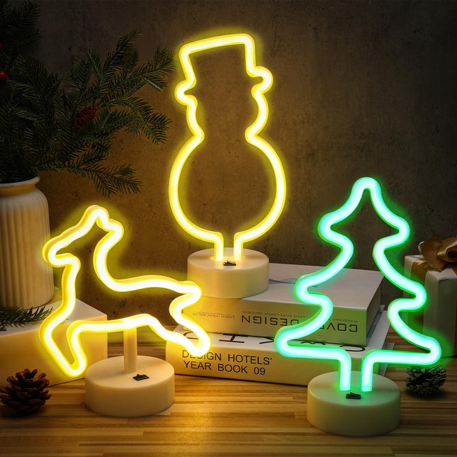 VIHOSE 3 Pcs Christmas Neon Sign LED Night Lights Lamp with Holder Base Snowman Reindeer Christmas Tree Shaped Lights Battery/USB Powered Christmas Neon Lights for Christmas Room Decor