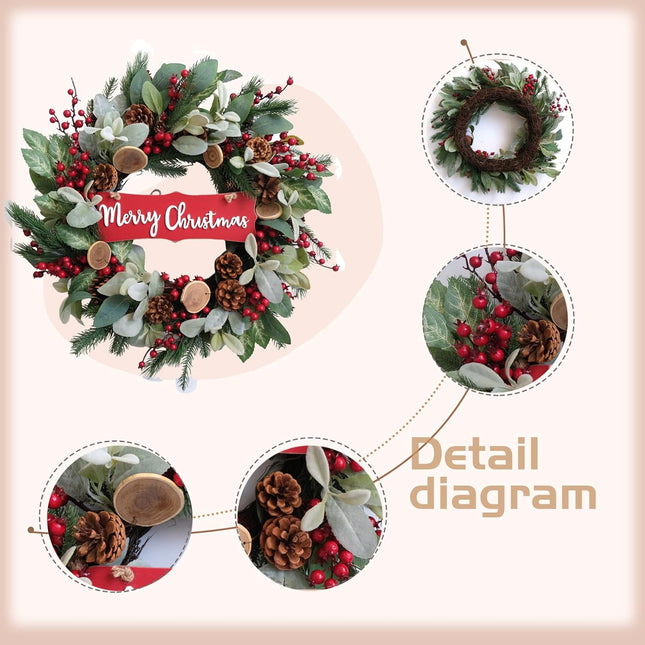 idyllic 24" Artificial Christmas Decoration Wreaths for Front Door with Lamb's Leaves Berries Pine Cones Winter Spring Wreath for Indoor Outdoor Home Wall Window Porch Decor