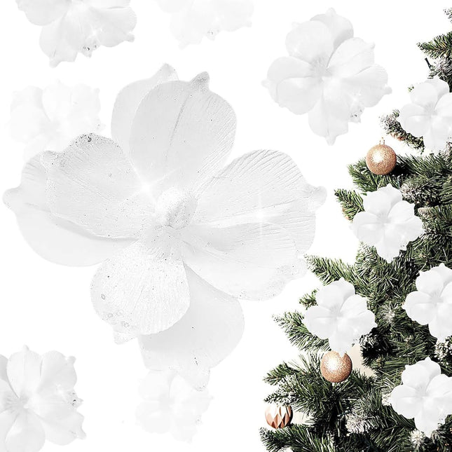 Poinsettia Ornament for Christmas Tree White Poinsettia Flowers Picks Glitter Artificial Poinsettia Flowers Christmas Poinsettia Decorations for Tree Garland Stocking Wedding Party (12pcs,8.6 Inch)
