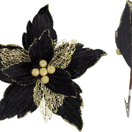 SHACOS 10 pcs 7.8" Artificial Black Gold Christmas Poinsettia Flowers Clips on Glittery Velvet Floral Picks Christmas Tree Ornaments Wreath Garland Decoration