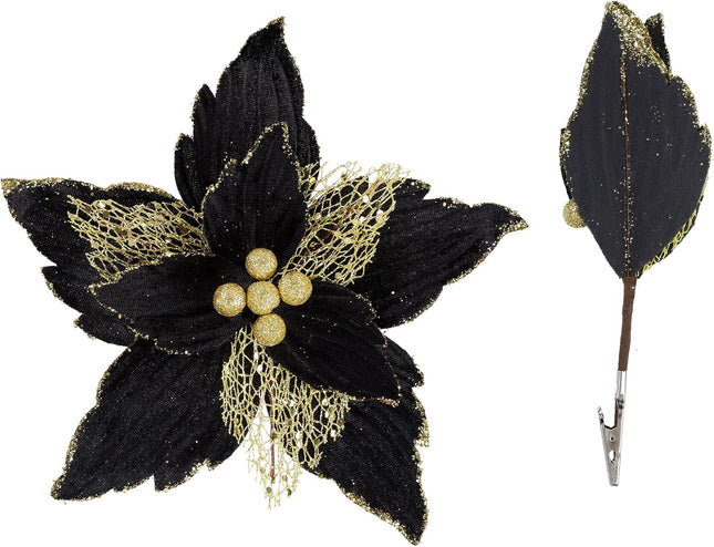 SHACOS 10 pcs 7.8" Artificial Black Gold Christmas Poinsettia Flowers Clips on Glittery Velvet Floral Picks Christmas Tree Ornaments Wreath Garland Decoration