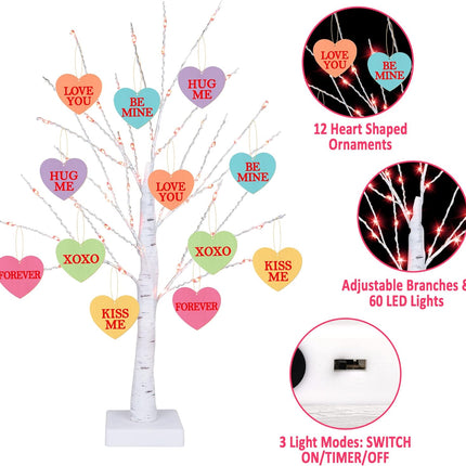 [Timer] Valentines Day Decoration 24 Inch Valentines Decor Tree Light with 12 Heart Ornaments, USB/Battery Operated Valentines Day Decor Lighted Tree, Valentines Day Decorations for Home Table Bedroom
