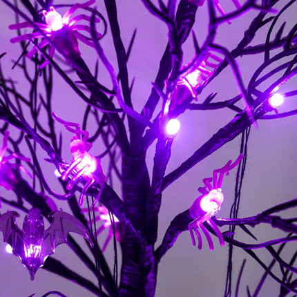 Agusbagli 2 Pack 24 Inch Black Halloween Tree Decor with Timer, Twigs Tree with 24 Purple Lights DIY 12 Spiders & 6 Bats Battery Operated Tabletop Artificial Spooky Tree Halloween Decorations for Home