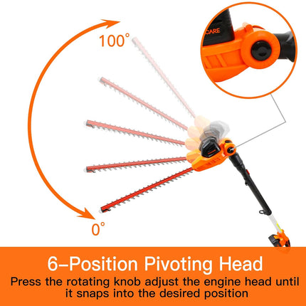 GARCARE Cordless Pole Hedge Trimmer Telescopic Long Reach Hedge Clippers 20V 4.0Ah Li-ion Battery Electric Bush Trimmer 18" Cutting Blade, 16mm Cutting Space with Extension Pole