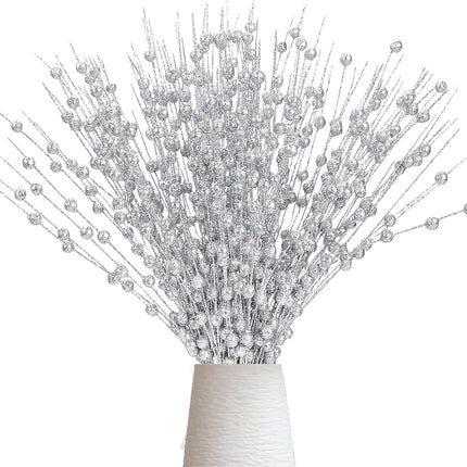 22 Pack Artificial Glitter Berry Stem Ornaments,Silver Christmas Glitter Picks Artificial Berries Stems Ornaments Fake Xmas Stem Decorative Sticks for Vases Tall DIY Wreath Home Decor(Silver)
