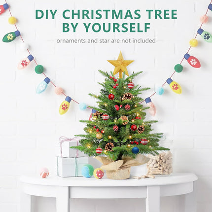Kadunmina 2ft Prelit Table Top Christmas Tree,Mini Artificial Christmas Tree with 50 Lights&177 Tips&5 Berries&5 Pinecones,Small Tabletop Xmas Tree with Burlap Base for Christmas Table Decor,8 Modes