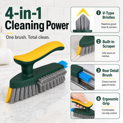 Alnorte 4-in-1 Grout and Scrubber Corner Brush with Scraper Tool, for Cleaning Tile, Grout, Kitchen, Bathroom, Sink, Floor, Shower - Green