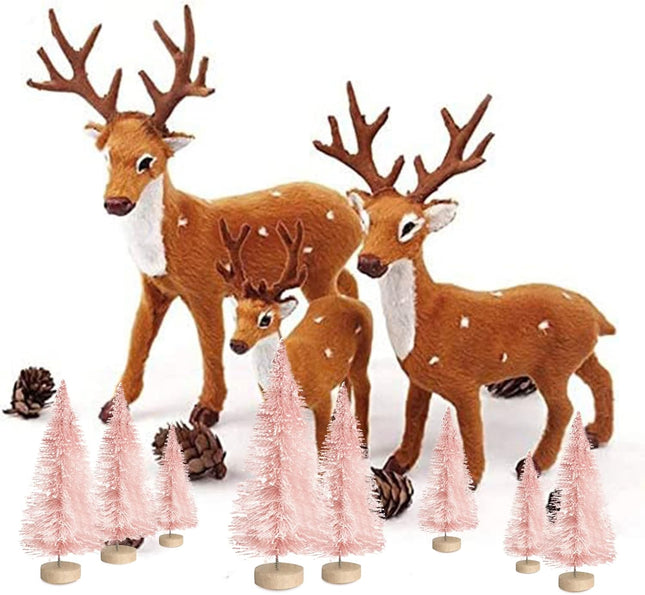 Jlong 8PCS Artificial Mini Christmas Trees, Bottle Brush Trees with Wood Base, Artificial Frosted Sisal Xmas Tree, DIY Crafts Mini Pine Tree for Christmas Party Home Table Top Decor Winter Ornaments
